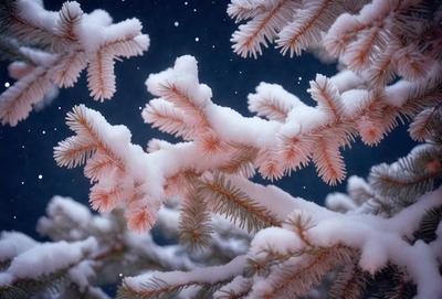 The primary subject of the image is a snow-covered pine tree. The tree is surrounded by a snowy landscape, and the setting appears to be a wintery forest. The visual style of the image is a photo, capturing the beauty of the snow-covered tree and its surroundings. The dominant colors in the image are white and orange, with the white snow covering the tree and the orange hue of the tree itself. The overall atmosphere of the image is serene and peaceful, showcasing the beauty